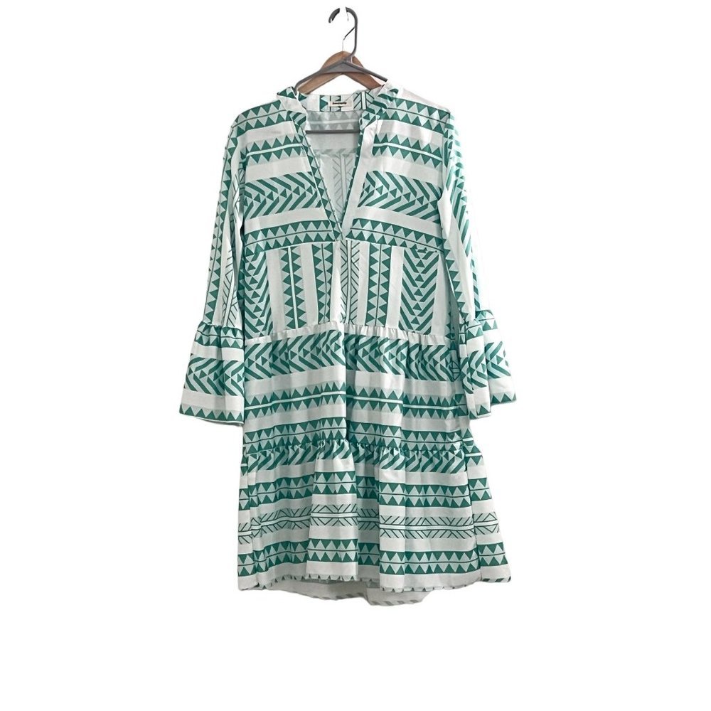 SundayUp Green and White Teired Dress Large